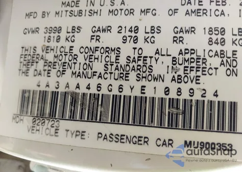 2000 Mitsubishi Galant Es из США, поврежденный, VIN 4A3AA46G6YE108924